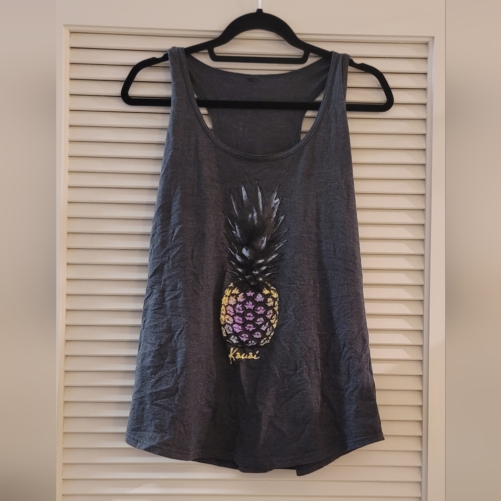 Grey Kauai Travel Pineapple Map Sleeveless Racerback Graphic Top